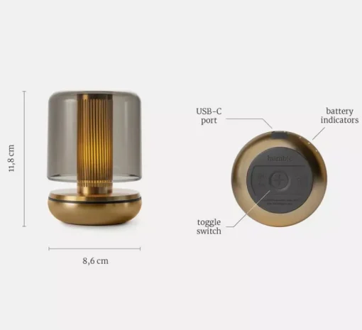 Lampe*Humble Lampe, Baladeuse, Firefly, , IP65, Ø8,6cm, H11,8cm - laiton, verre fumé