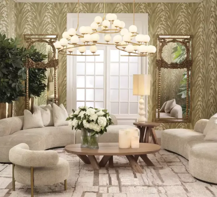 Lustre, Brissac, Laiton antique, globe opalin, L105cm, H52cm - Eichholtz