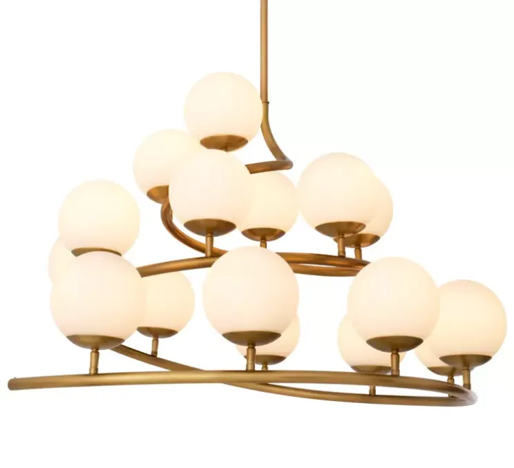 Lustre, Brissac, Laiton antique, globe opalin, L105cm, H52cm - Eichholtz