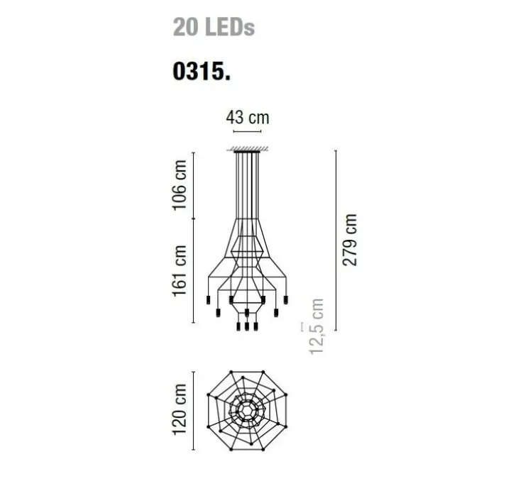 Lustre, Wireflow 0315, noir, LED, dim, DALI Push/ 1-10V, 2700K, 9805 lm, Ø120cm, H161cm - Vibia