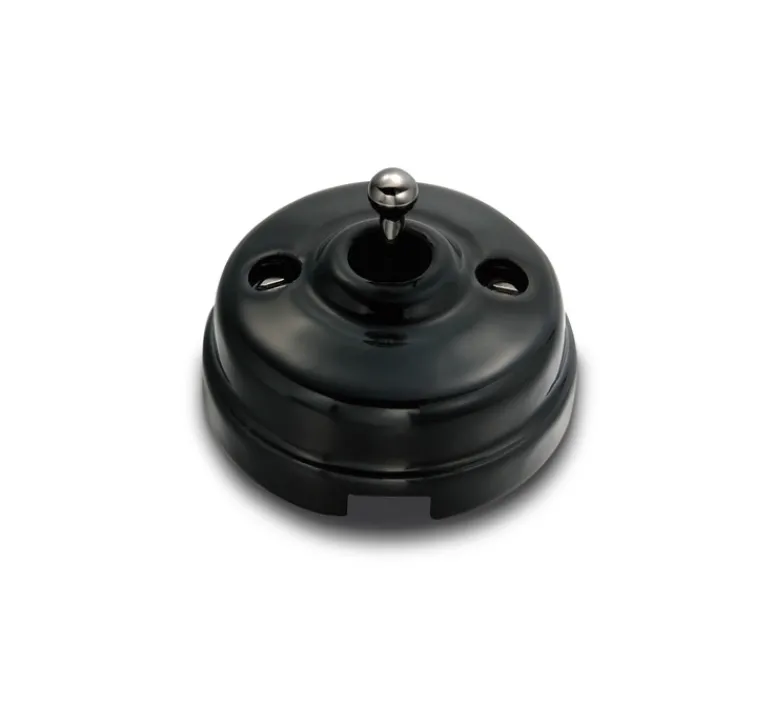 Interrupteur*Fontini Mécanisme, Dimbler, Simple, Porcelaine noir, Poussoir x1, Avec passe-câble, Nickel noir, L8,5cm, H8,5cm -