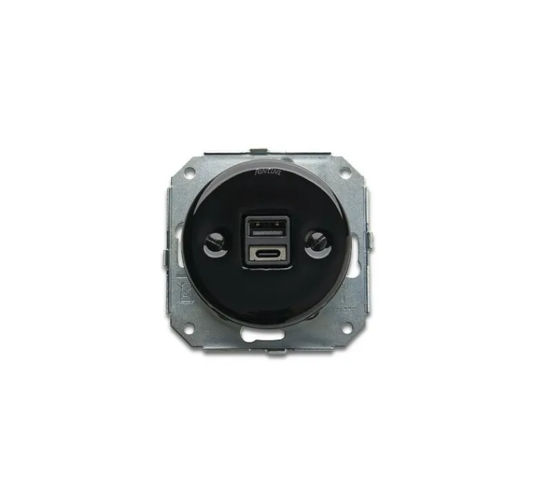 Prise*Fontini Mécanisme, Garby Colonial, Simple, Prise-USB A/C x1, Porcelaine noir, L7,2cm, H6,4cm -
