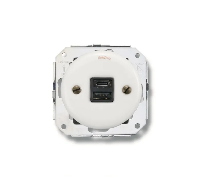 Prise*Fontini Mécanisme, Garby Colonial, Simple, Prise-USB A/C x1, Porcelaine blanc, L7,2cm, H6,4cm -