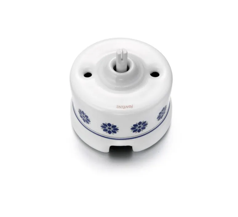 Interrupteur*Fontini Mécanisme, Garby, Simple, Décor bleu et argent, Va-et-vient x1, L6,6cm, H6,6cm -