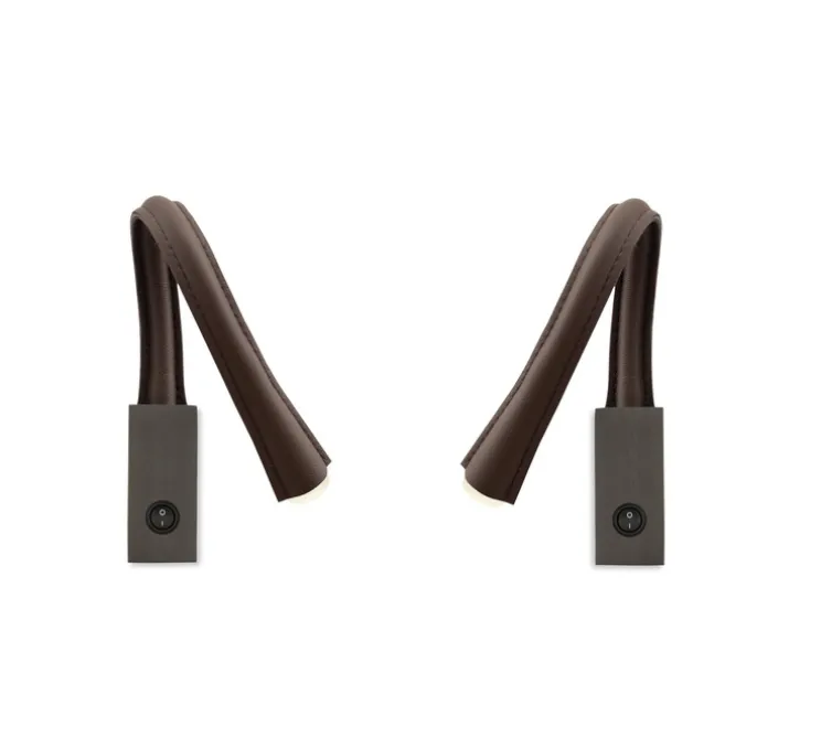 Pack duo, 2 appliques, Flexiled 40, avec interrupteur, bronze brossé, simili cuir marron, LED, 2700K, 400lm, L4,6cm, H40cm - Contardi