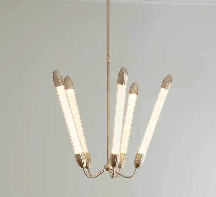 Plafonnier, Lemon squeeze penta long, laiton, verre opalin, Ø85,6cm, H99-154cm - Umage