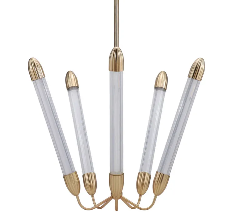 Plafonnier, Lemon squeeze penta long, laiton, verre opalin, Ø85,6cm, H99-154cm - Umage