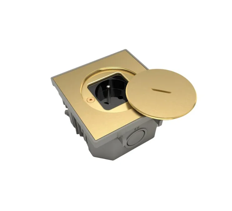 Prise, Bubox Classic, Simple, Laiton brut brossé, Prise de sol 2P+T x1, L10cm, H10cm - Modelec