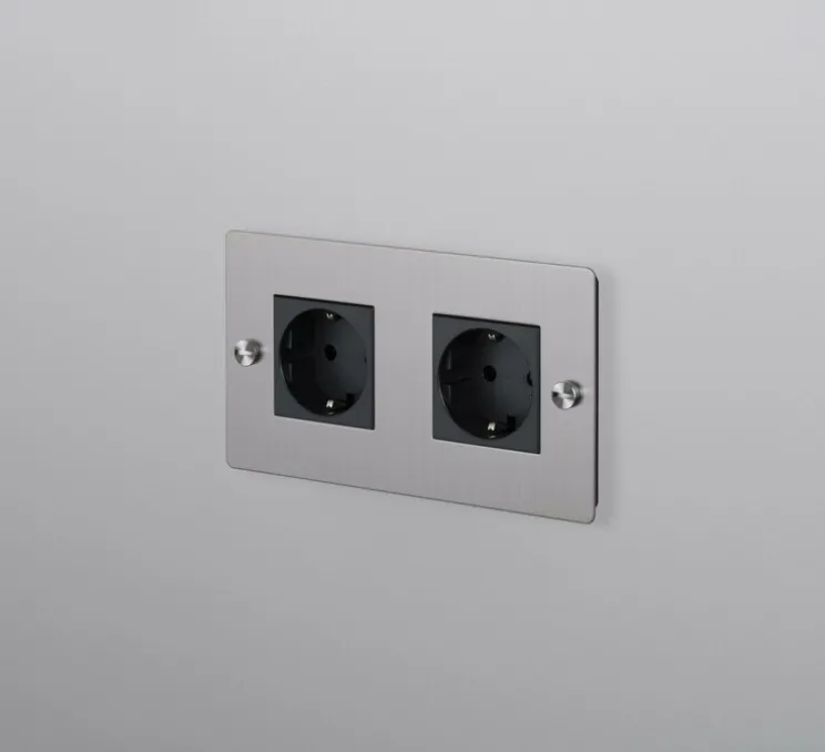 Prise, Buster, Double horizontal, Acier, Prise-Schuko x2, L15cm, H9cm - Buster & Punch