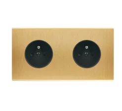 Prise, Confidence, Double horizontal, Laiton brossé, Prise-PC x2, Noir, L15,1cm, H8cm - Modelec