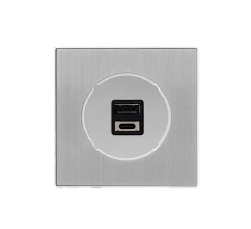 Prise*Fontini Prise, DOM, Simple, Aluminium brossé, Prise-USB A/C x1, L8,6cm, H8,6cm -