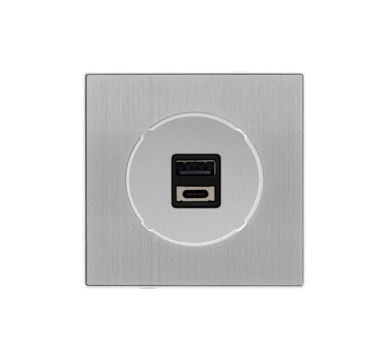 Prise*Fontini Prise, DOM, Simple, Aluminium brossé, Prise-USB A/C x1, L8,6cm, H8,6cm -