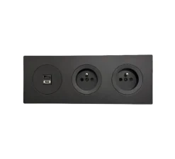 Prise*Fontini Prise, DOM, Triple horizontal, Noir mat, Prise-USB A x1, Prise-2P+T x2, L22,8cm, H8,6cm -