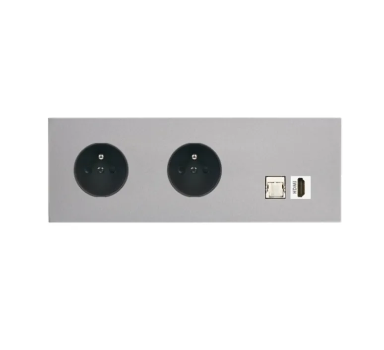 Prise*Modelec Prise, Désir, Triple horizontal, Aluminium mat, Prise-2P+T x2, Prise-RJ45 Cat6 x1, Prise-HDMI x1, L22,2cm, H8cm -