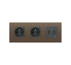 Prise*Vimar Prise, Eikon Exé, Triple horizontal,Métal bronze foncé, Prise-PC, x2, Prise-USB C x2, L24cm, H9,7cm -