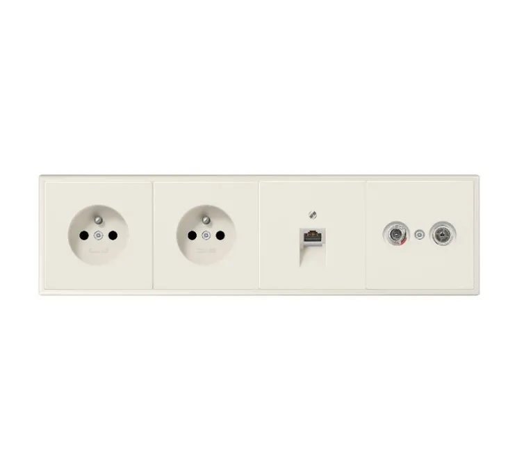 Prise, LS 990, Quadruple horizontal, Ivoire, Prise-2P+T x2, Prise-RJ45 x1, Prise TV-FM-SAT x1, L29,4cm, H8,1cm - Jung