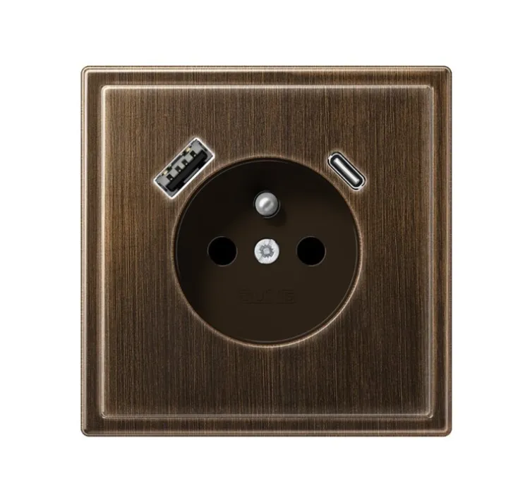 Prise, LS 990, Simple, Laiton ancien, Prise-2P+T x1, Prise-USB A x1, Prise-USB C x1, L8,1cm, H8,1cm - Jung