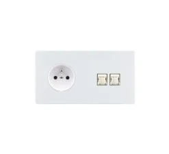 Prise, M, Double horizontal, Blanc mat, Prise-2P+T x1, Prise-RJ45 x2, L15,1cm, H8cm - Modelec
