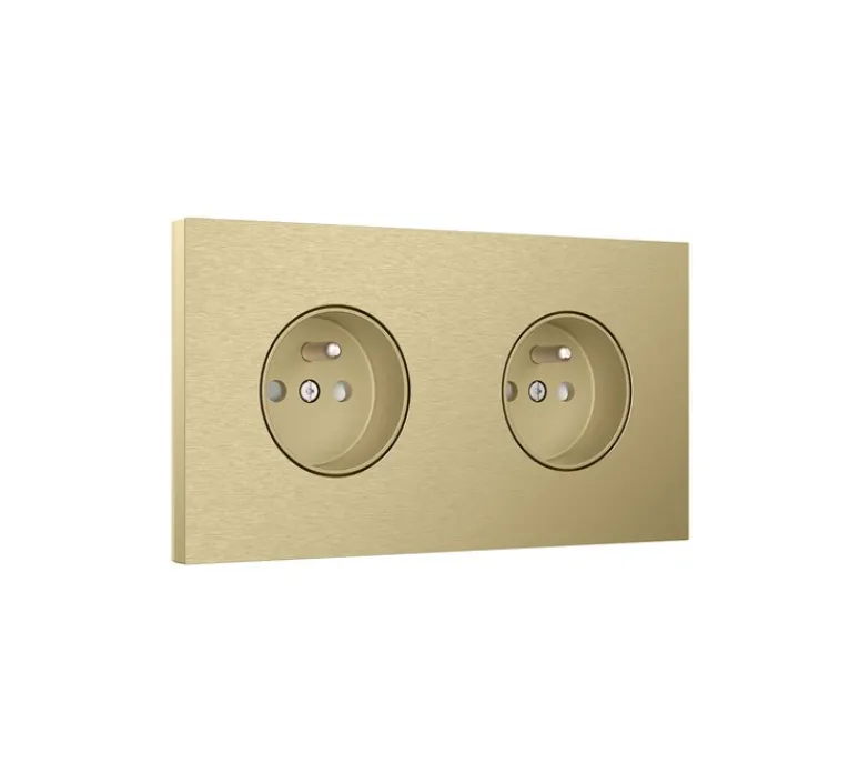 Prise*Niko Prise, Rocker et Toggle, Double horizontal, Alu gold brushed, Prise-2P+T x2, L18cm, H9,5cm -
