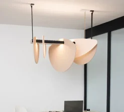 Suspension*DesignHeure Suspension accoustique, Murmure, lin et pierre grège, LED, 3000K, 2030-4750 lm, L100cm, H51cm - rose clair et écru