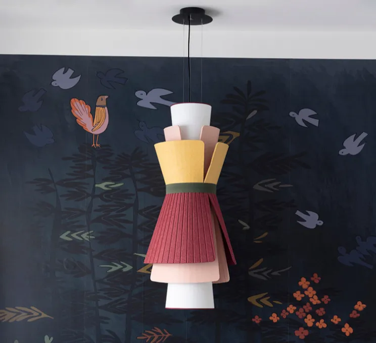 Suspension accoustique, Rhapsodie, Jaune soleil, Rouge grenat, Brume rose, Ø64cm, H131cm - DesignHeure