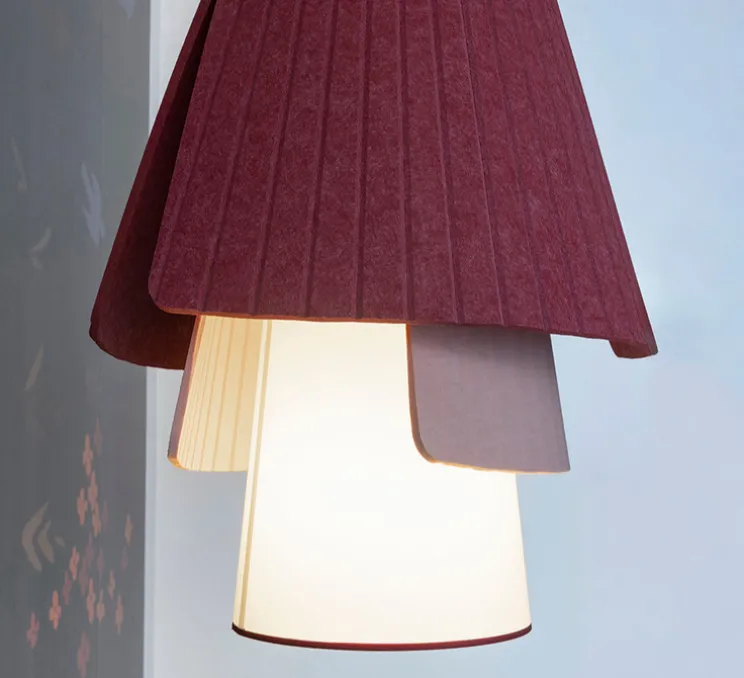 Suspension accoustique, Rhapsodie, Jaune soleil, Rouge grenat, Brume rose, Ø64cm, H131cm - DesignHeure