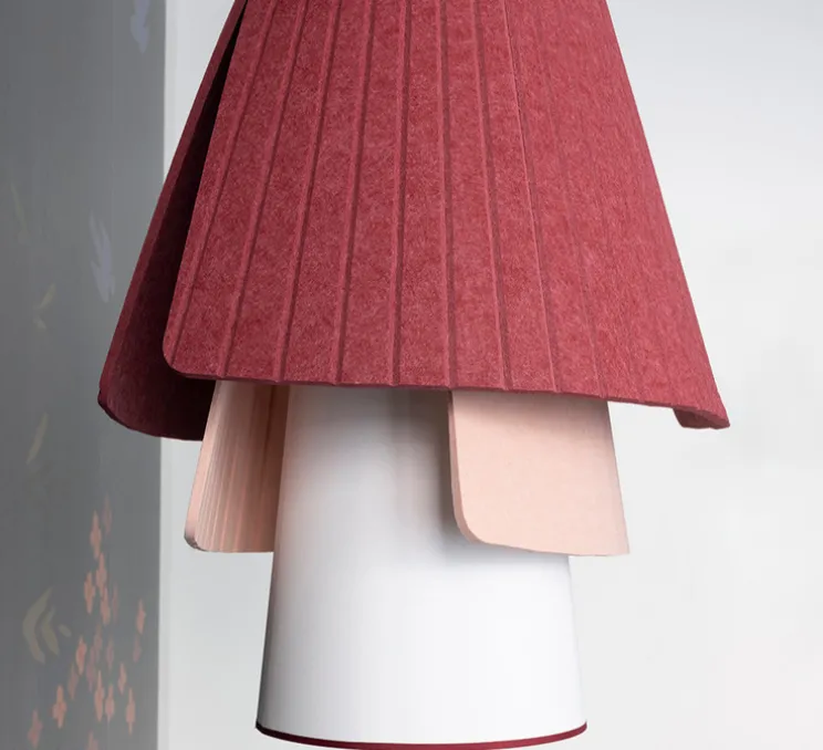 Suspension accoustique, Rhapsodie, Jaune soleil, Rouge grenat, Brume rose, Ø64cm, H131cm - DesignHeure