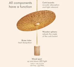 Suspension*Luxcambra Suspension acoustique, Calma C, , LED, 2700K, 665-836 lm, Ø48cm, H60cm - laiton, liège clair