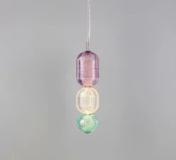Suspension*Mullan Lighting Suspension, Ashford Medium, Violet, verre transparent, vert d'eau, argent antique, LED, 2700K, 660 lm, Ø18cm, H160cm - Violet, verre transparent, vert d'eau, argent antique