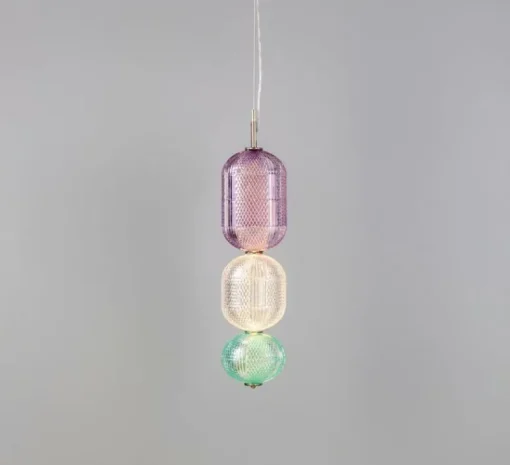 Suspension*Mullan Lighting Suspension, Ashford Medium, Violet, verre transparent, vert d'eau, argent antique, LED, 2700K, 660 lm, Ø18cm, H160cm - Violet, verre transparent, vert d'eau, argent antique