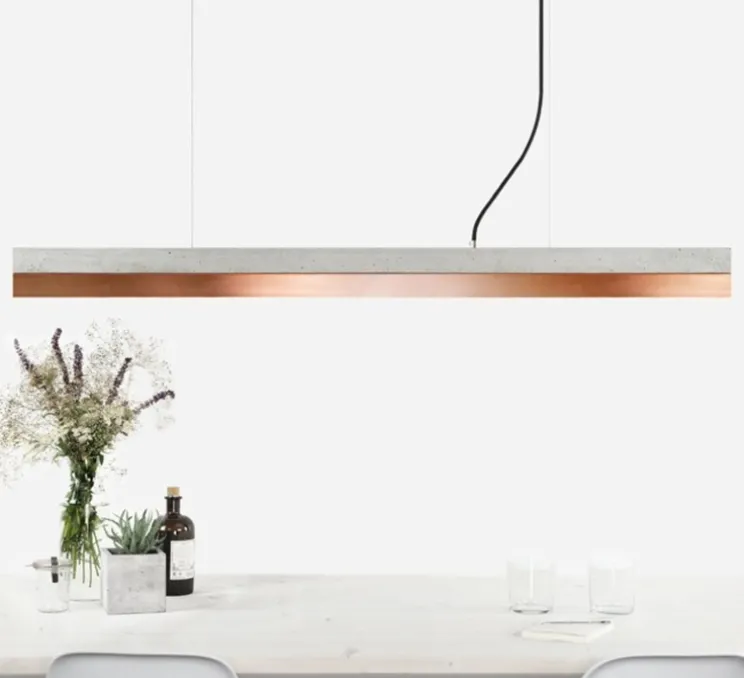 Suspension, C1, béton clair et cuivre, touch dim LED, 4000K, 2100lm, L122cm, H8cm - Gantlights