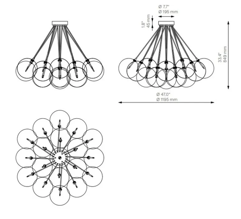 Suspension*Schwung Suspension, Cloud 250, , Ø119,5cm, H84,9cm - structure laiton, globes transparents