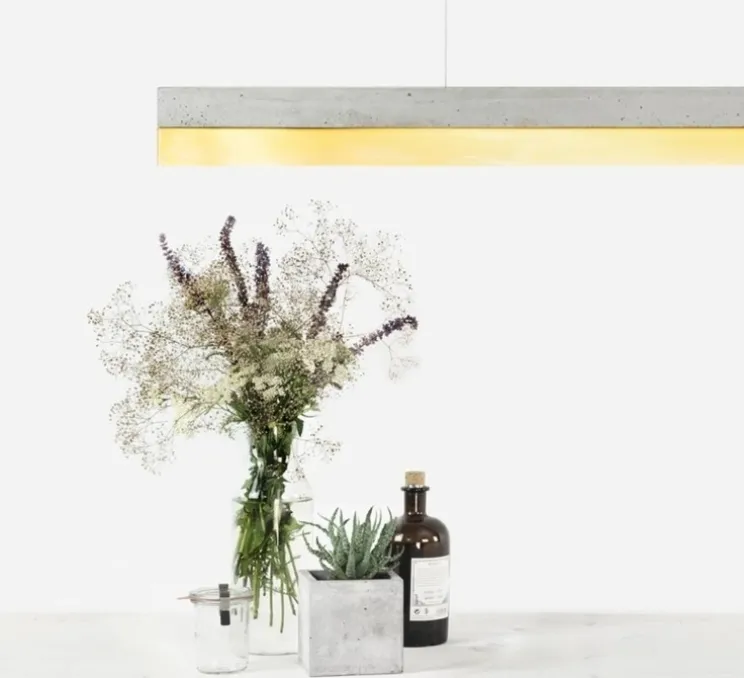Suspension, Concrete & Brass Long, béton clair, laiton, LED, 4000K, 2600lm, L182cm, H8cm - Gantlights