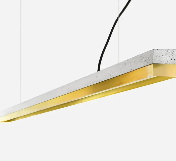 Suspension, Concrete & Brass Long, béton clair, laiton, LED, 4000K, 2600lm, L182cm, H8cm - Gantlights