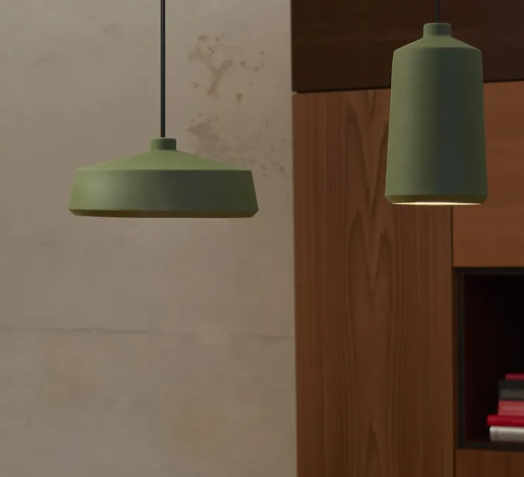 Suspension, Flame Wide, vert olive mat, câble noir, IP44, LED, dim, 2700K, 800 lm, Ø28cm, H12,6cm - Pott