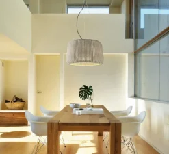 Suspension, Fora S, blanc, abat-jour beige, IP66, LED, dim, 2700K, 2064 lm, Ø50cm, H30cm - Bover