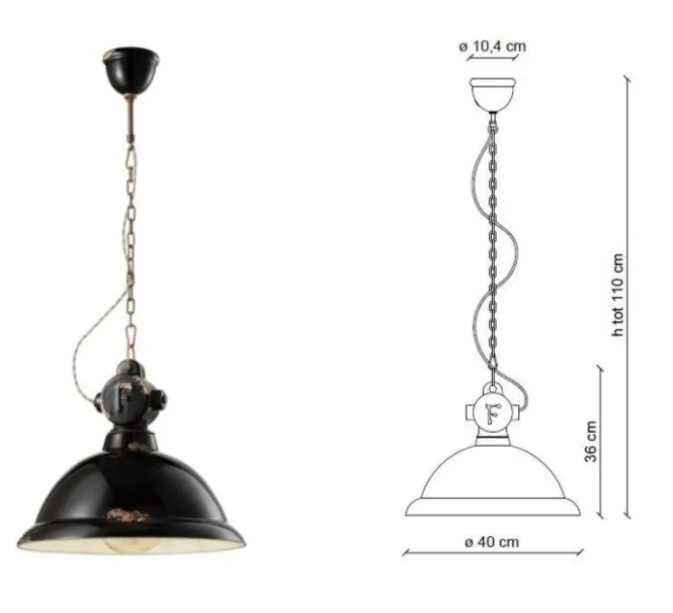 Suspension, Industrial C1710, noir vintage, Ø40cm, H36cm - Ferroluce