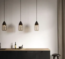 Suspension, Liuku, verre fumé, bois, noir, Ø19,5cm, H40,5cm - Mater