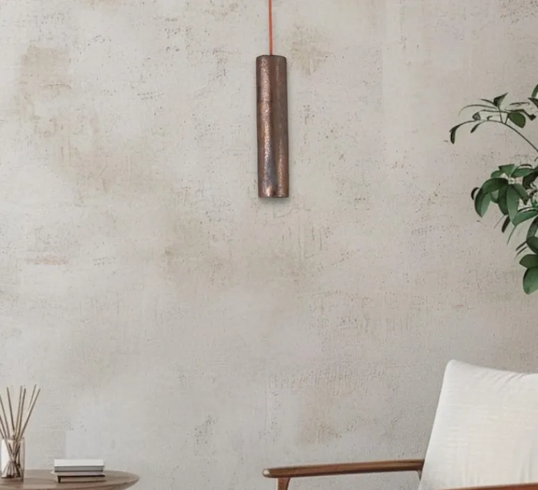 Suspension*Nexel Suspension, Mamora, , Ø8cm, H38cm - grès bronze, émaillé orange