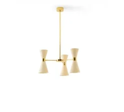 Suspension*Stilnovo Suspension, Megafono, 3 bras, 6 abat-jour, , L53,7cm, H31cm - Ivoire et or