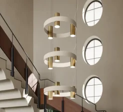 Suspension, Nastro 563.19, beige, laiton brossé, IP40, LED, dim, 2700K, 12000 lm, Ø61,5cm, H194cm - Tooy