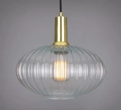 Suspension*Mullan Lighting Suspension, Neith, , Ø30cm, H29cm - verre strié transparent, laiton satiné