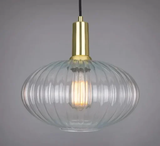 Suspension*Mullan Lighting Suspension, Neith, , Ø30cm, H29cm - verre strié transparent, laiton satiné