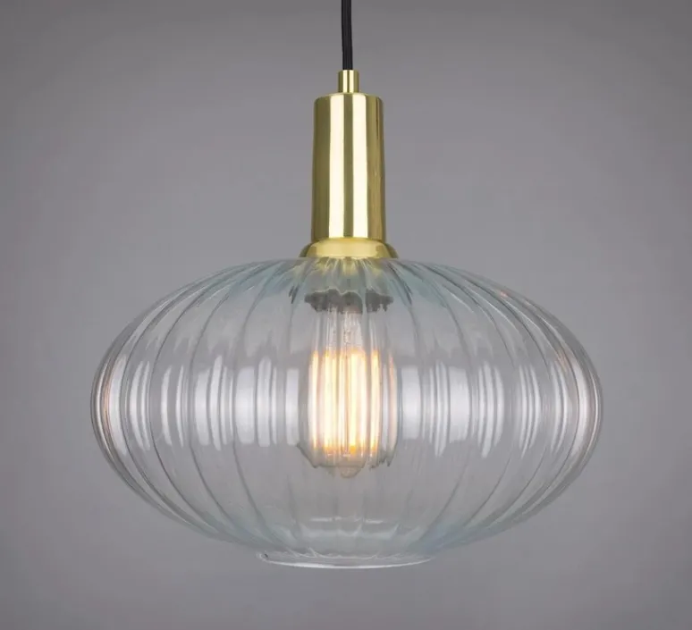 Suspension*Mullan Lighting Suspension, Neith, , Ø30cm, H29cm - verre strié transparent, laiton satiné