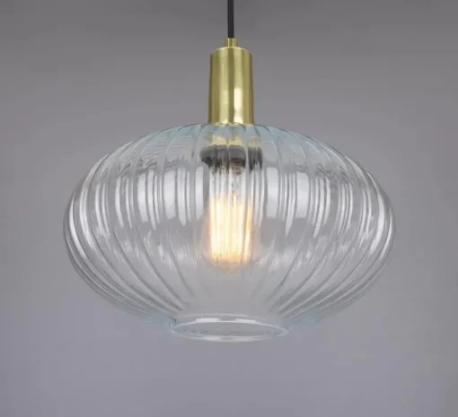 Suspension*Mullan Lighting Suspension, Neith, , Ø30cm, H29cm - verre strié transparent, laiton satiné