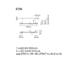 Suspension, Palma 3736, graphite, LED, 2700K, 2057lm, L195cm, H48cm - Vibia