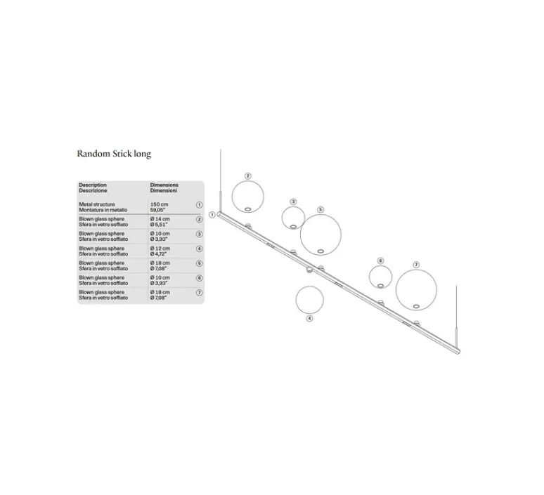 Suspension*Lodes Suspension, Random Stick Long, , LED, dim, 2700K, 2250 lm, L150cm, H2cm - blanc, chrome et cristal, tube blanc