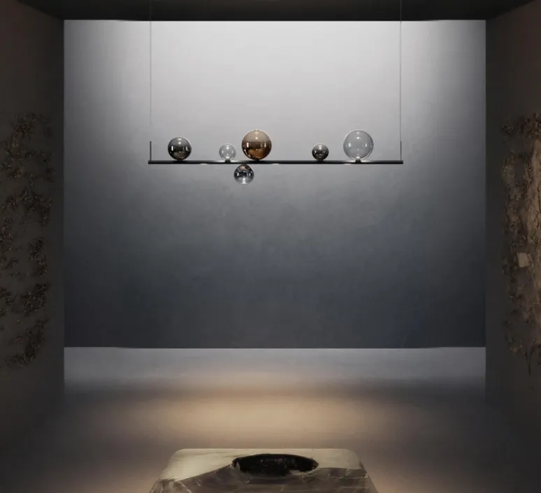 Suspension*Lodes Suspension, Random Stick Long, , LED, dim, 2700K, 2250 lm, L150cm, H2cm - gris fumé, cristal, chrome et bronze, tube noir