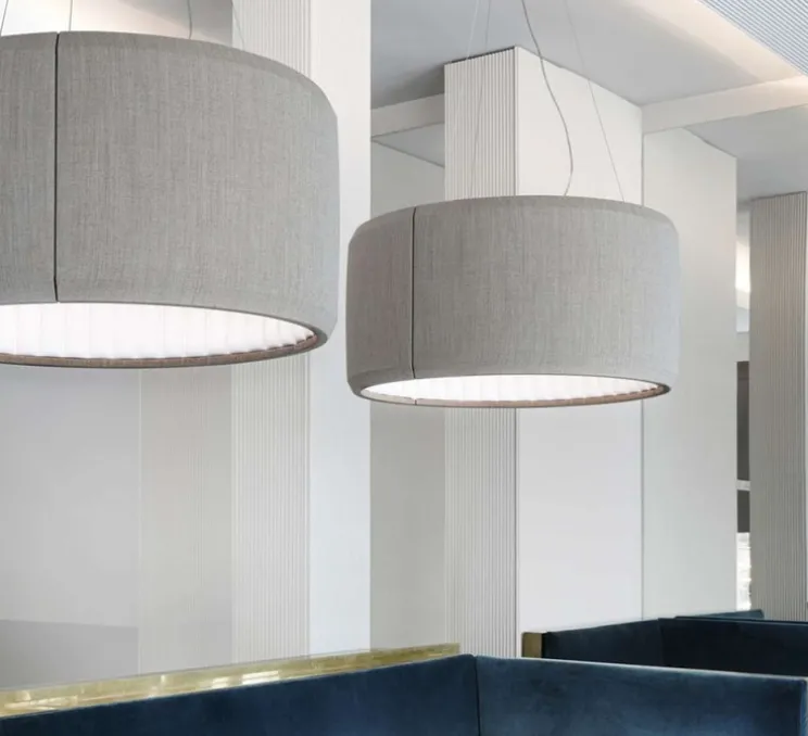 Suspension, Silenzio D79/120c, gris clair, acoustique, LED, dimmable DALI/Push, 3000K, Ø117cm, H45cm - Luceplan