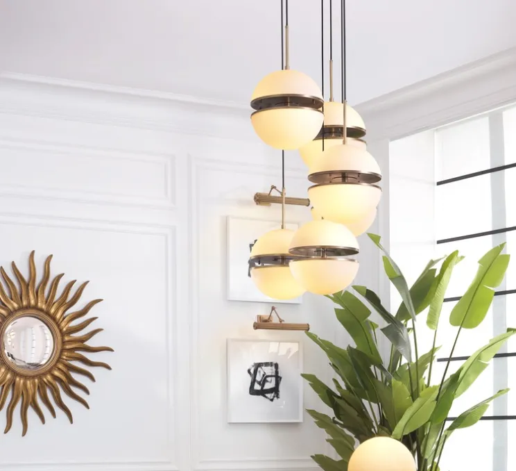 Suspension, Spiridon 5 light, laiton antique, blanc, L130cm, H155cm - Eichholtz